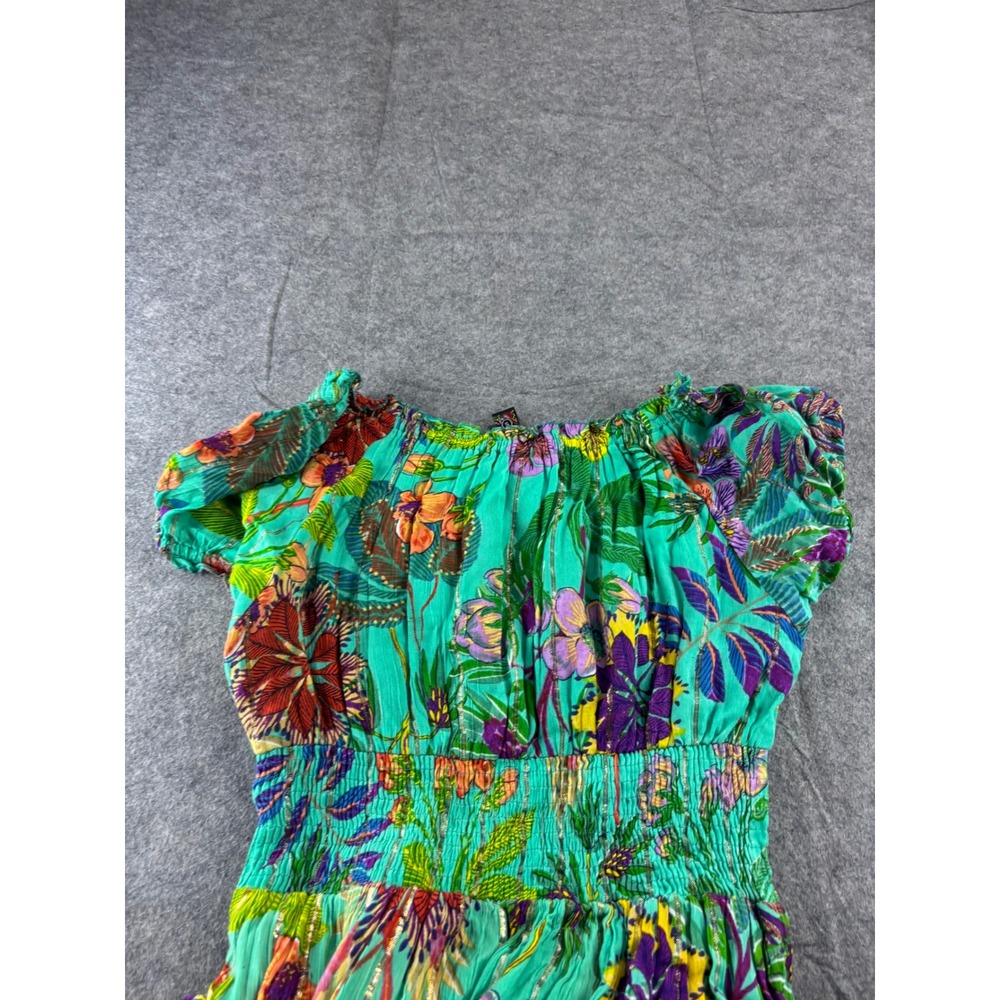 Me 2 Magic Floral Maxi Dress Green Tropical Gold Metallic Boho Smocked Womens S - Picture 3 of 7